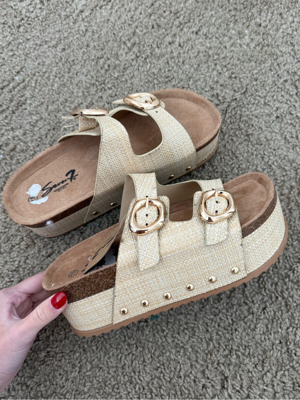 7 For All Mankind Beige Woven Double-Buckle Platform Mules